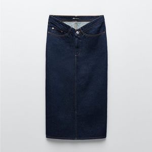 NEW Zara V-Front Waist Band Dark Denim Midi Back Slit Skirt